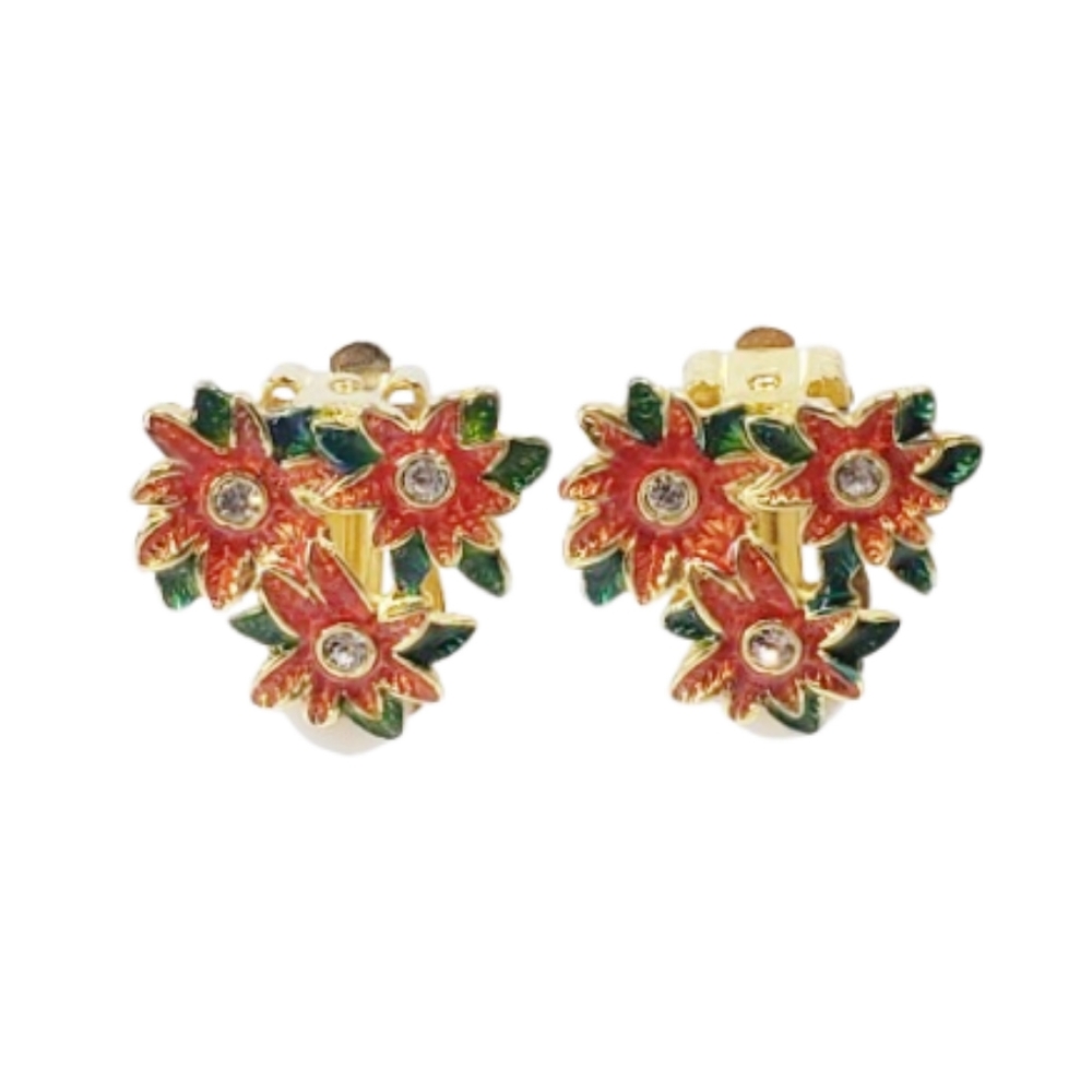 Christopher Radko 3 Trio Poinsettia Bunch Clip On Earrings 0027